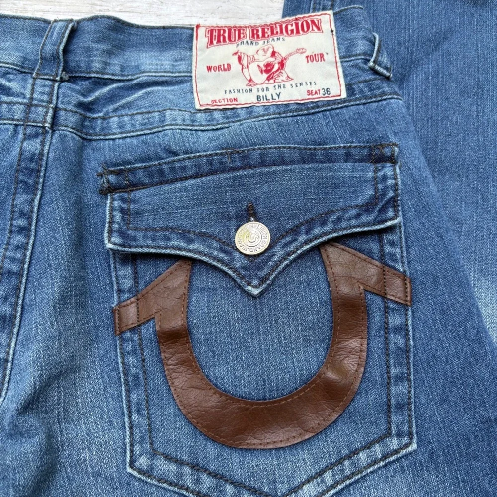 Y2K True Religion Billy Jeans 36 Blue Leather Horseshoe Faded Raw Hem Skater‎